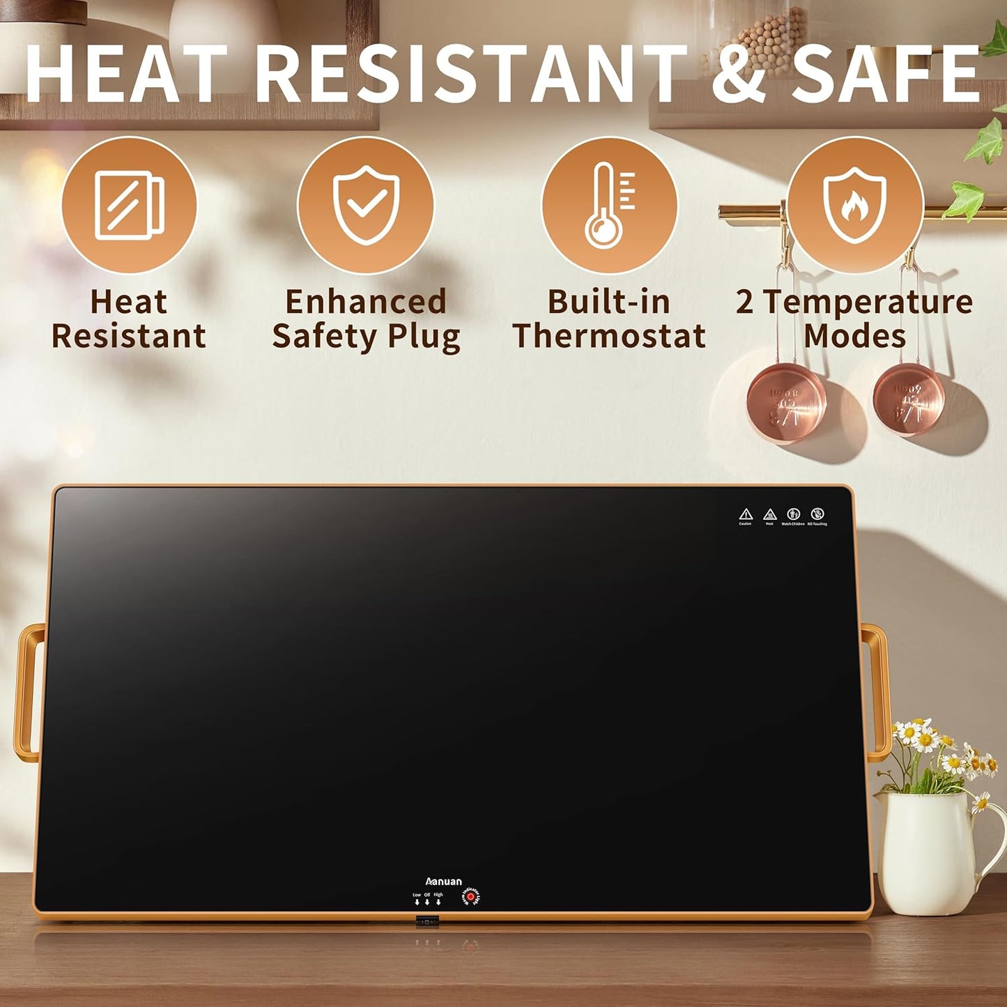 Warming Trays for Buffets Party (XXL 32"x18"),Warming Mat for Food with Thermostat & Full Surface Heating, Counter Temperature Adjustable Food Warming Mat with Gold Handles for GIfts,All Year Use