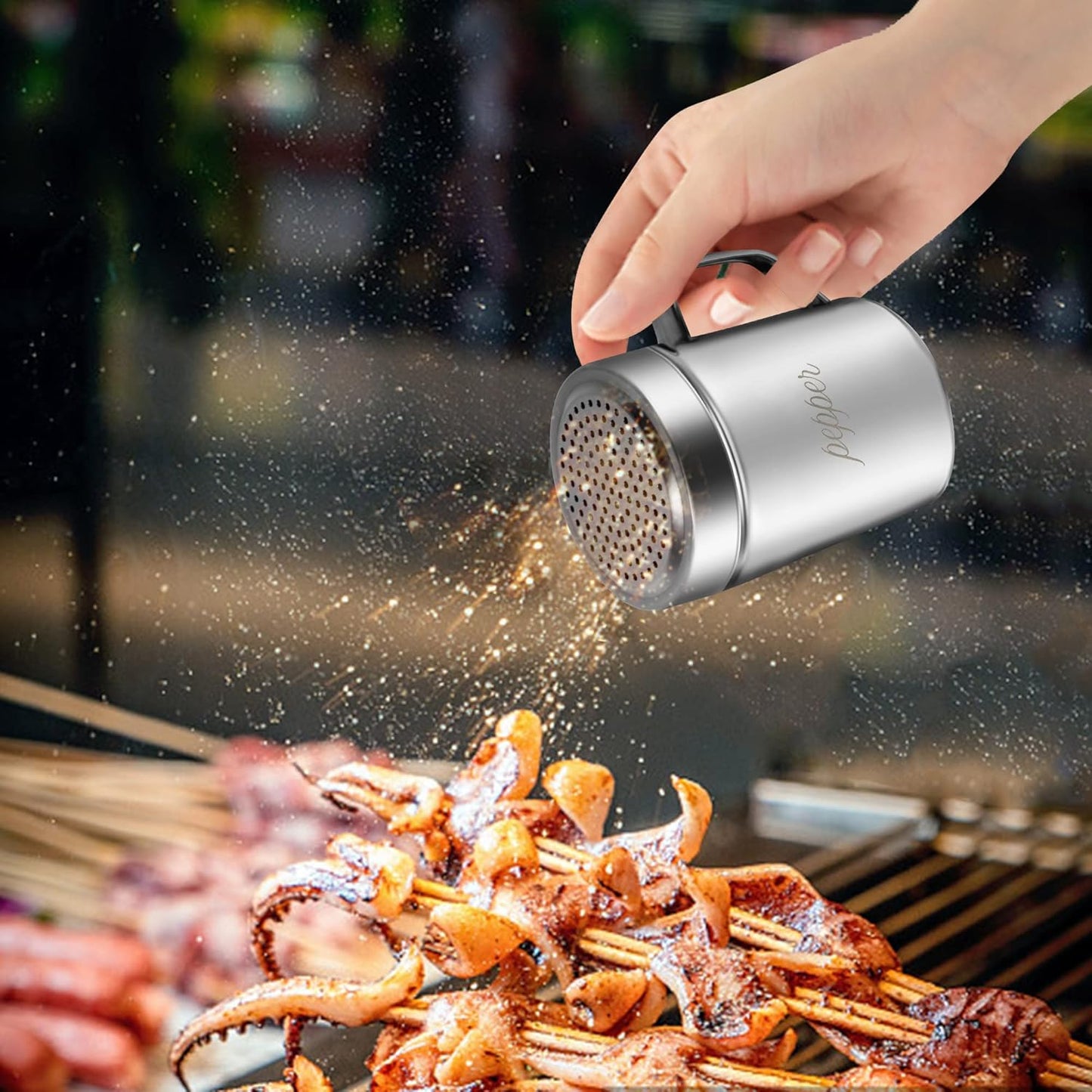 Stainless Steel Salt and Pepper Shakers Set, 10 OZ Seasoning Spice Shaker with Lid and Handle 127 Holes, Metal Dredge Shaker for Powder Sugar Cooking Kitchen Baking (2 Pieces)