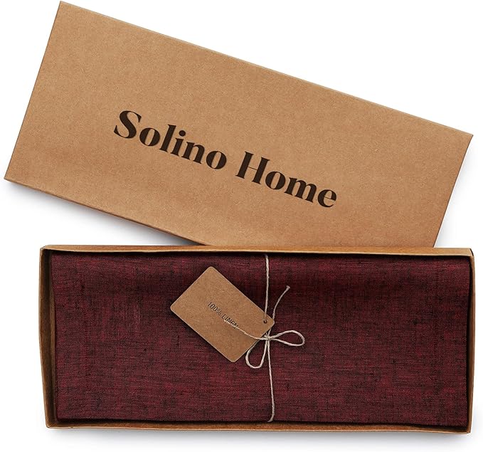 Solino Home Linen Table Runner 90 Inches Long - Athena, 100% Pure Linen Red Garnet Table Runner 14 x 90 Inch for Dining, Holiday, Winter, Christmas, New Year