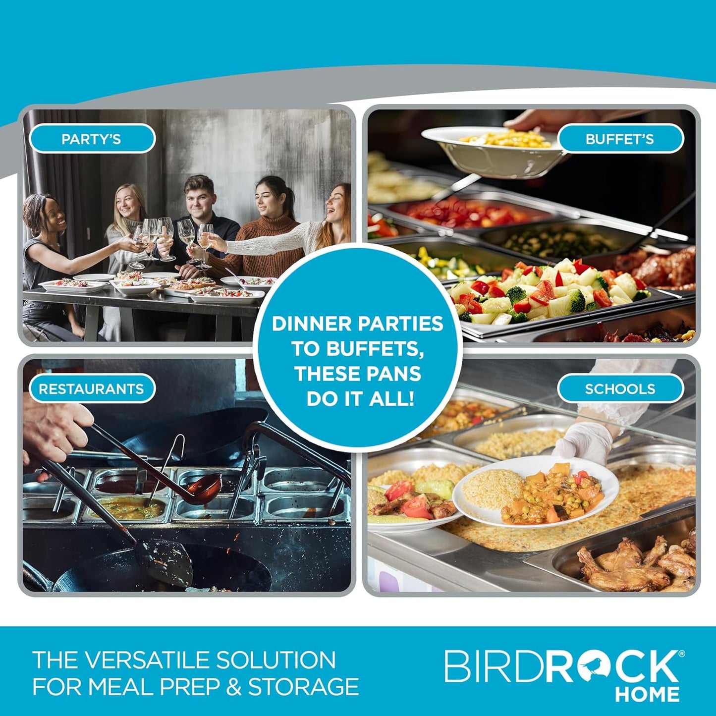 BIRDROCK HOME Stainless Steel Steam Table Pan - Hotel, Restaurant & Catering Supplies - 24 Gauge Steel, 4.3 qt Capacity - Meal Prep, Cooking, & Food Storage Container - 6" Depth, 1/4-Size (6 Pack)