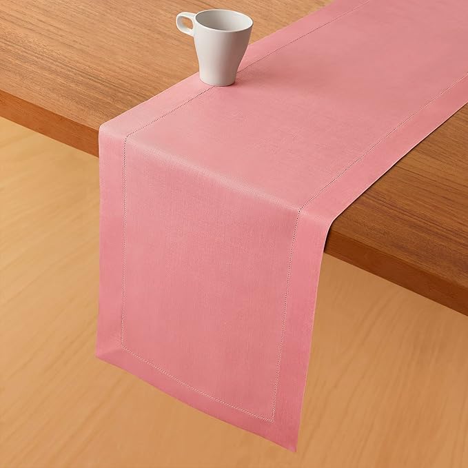 D'Moksha Homes Linen Dusty Pink Table Runner 108 Inches Long - 100% Pure Linen 14 x 108 Inch Table Runner for Winter, Christmas, Holiday, New Year - Classic Hemstitch