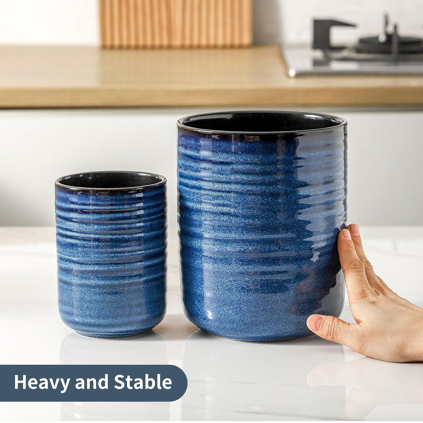 Hasense Ceramic Utensil Holder, 7.4"+5.5" Kitchen Utensil Holder Crocks for Countertop, Modern Kitchen Tool Organizer for Spatulas, Whisks, and Tongs, Farmhouse Home Decor, Set of 2, Blue