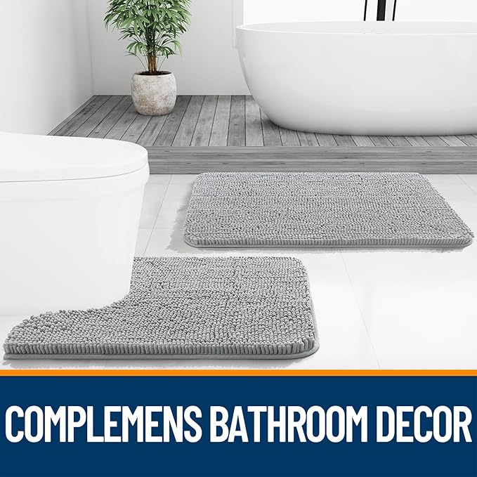 OLANLY Toilet Rugs U-Shaped 24x20, Extra Soft Absorbent Chenille Contour Bathroom Rugs for Toilet, Dry Quickly, Machine Washable, Non-Slip Bath Mat, Light Grey