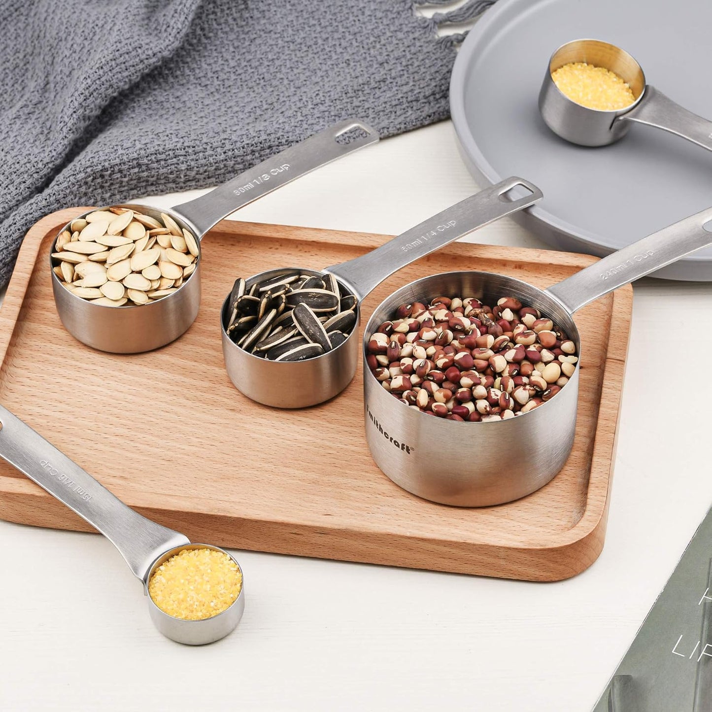 Measuring Cups and Spoons Set 15, 6 Stainless Steel Measuring Cups and 7 Spoons &1Leveler &1Magnetic Conversion Chart, Metric&US Metal Measuring Tools for Baking & Kitchen
