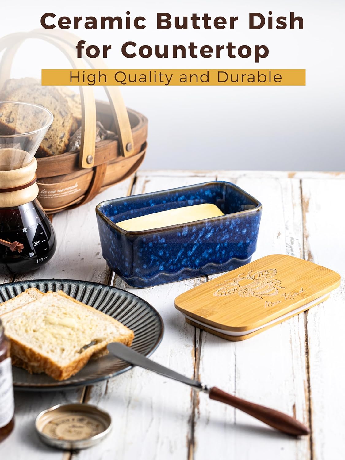 Ceramic Butter Dish with Lid, Covered Butter Dish for Countertop, Airtight Butter Holder Crock with Airtight Seal, HoneyBee Kitchen Decor, Blue