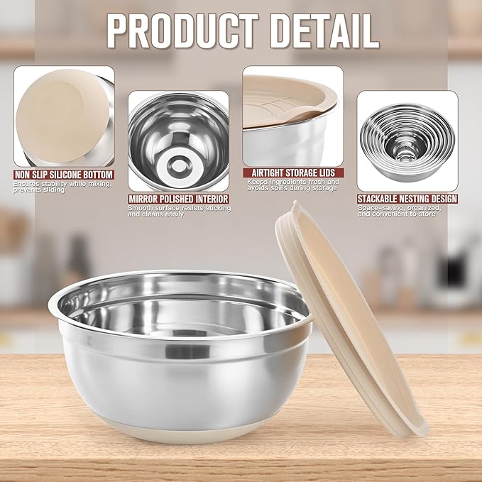 Mixing Bowls with Airtight Lid Set, 23PCS Stainless Steel Nesting Bowls with 3 Graters, Non-Slip Base, Large Prep Bowls 7, 3.5, 2.5, 2, 1.4, 1QT & 14 Measuring Spoons Great for Baking, Serving