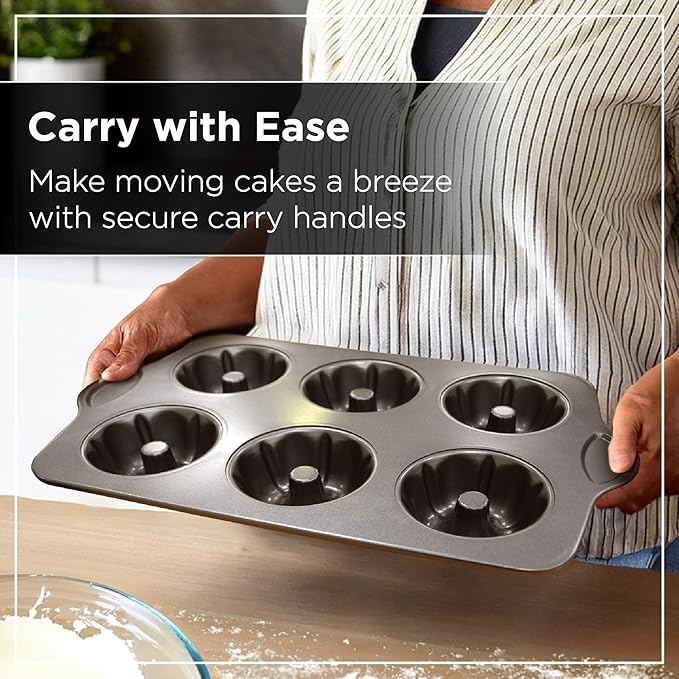 Wrenbury Set of 2 Nonstick Mini Buntz Cake Pan Non Stick for Baking - 6 Cup Bundtlette Fluted Cake Tin for Small Cakes - PFOA Free and Dishwasher Safe - 3.75” Cup Width