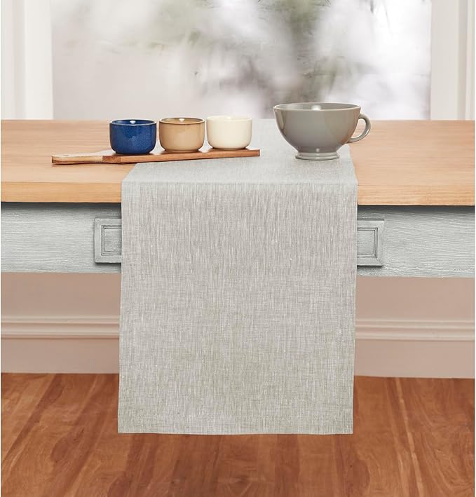 Solino Home Linen Table Runner 156 Inches Long - Athena, 100% Pure Linen Oyster Grey Dining Table Runner 14 x 156 Inch
