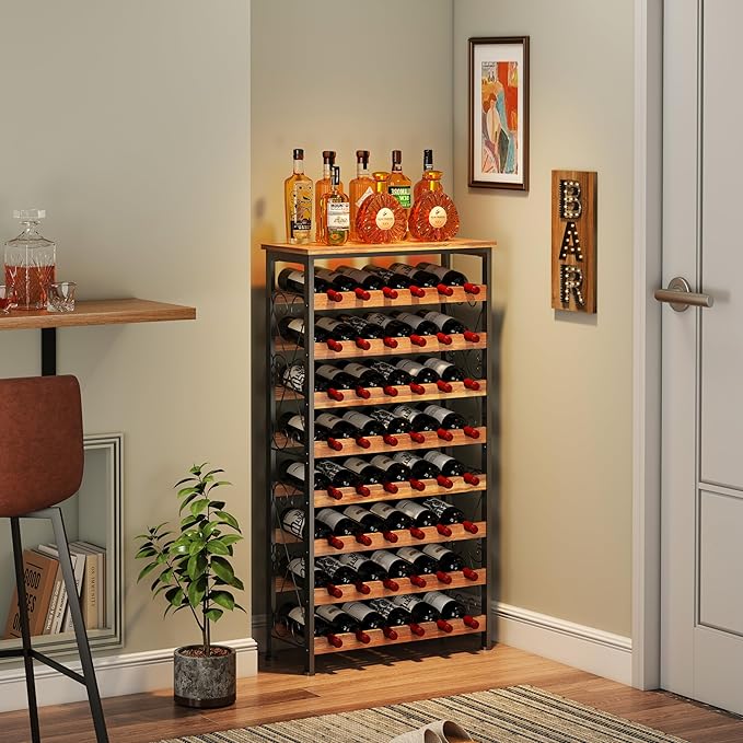 Sonyabecca 48 Bottles Wine Rack Freestanding Floor with Wood Top, 8 Tier Wine Bottle Holder, Wine Storage for Kitchen Pantry, Tall Wine Bar Stand Shelf Display 25.2''L X 10.7''W X 47.2''H