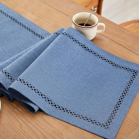 Burlap Style Farmhouse Table Runner, 13 x 72 Inch Blue, Rustic Geometric Hollow Table Runners 72 Inches Long for Dresser Table Everyday Use, 13x72 Inches, Blue