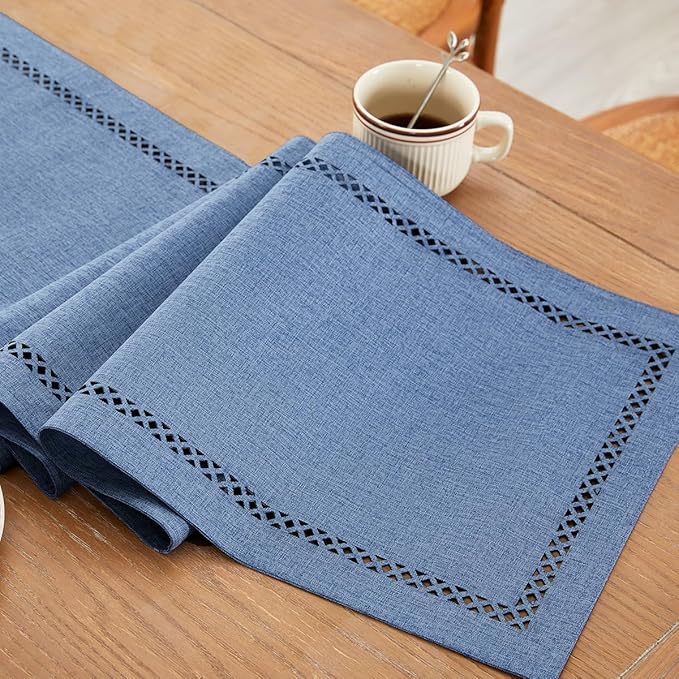 Burlap Style Farmhouse Table Runner, 13 x 90 Inch Blue, Rustic Geometric Hollow Table Runners 90 Inches Long for Dresser Table Everyday Use, 13x90 Inches, Blue
