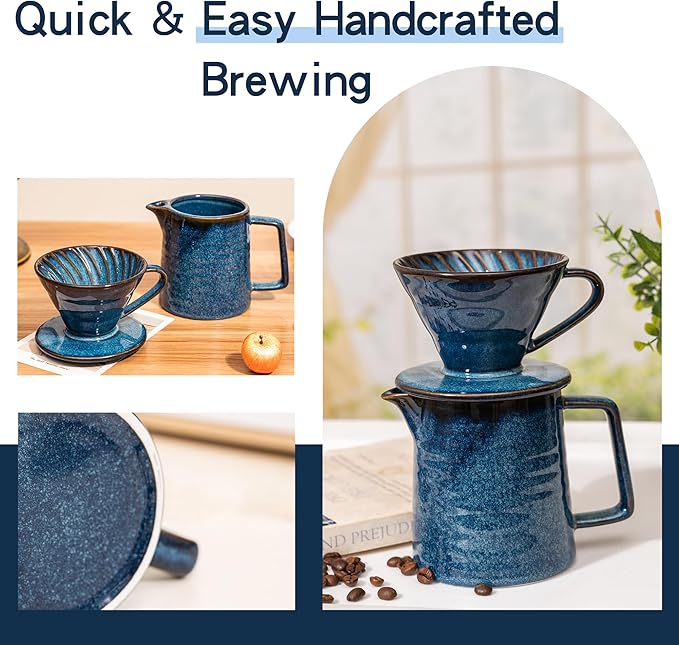 Topadorn Pour Over Coffee Maker Set, 13 Oz Ceramic Coffee Maker & Pour Over Coffee Dripper, Reusable Drip Coffee Maker for Café Restaurant Home Camping, Blue