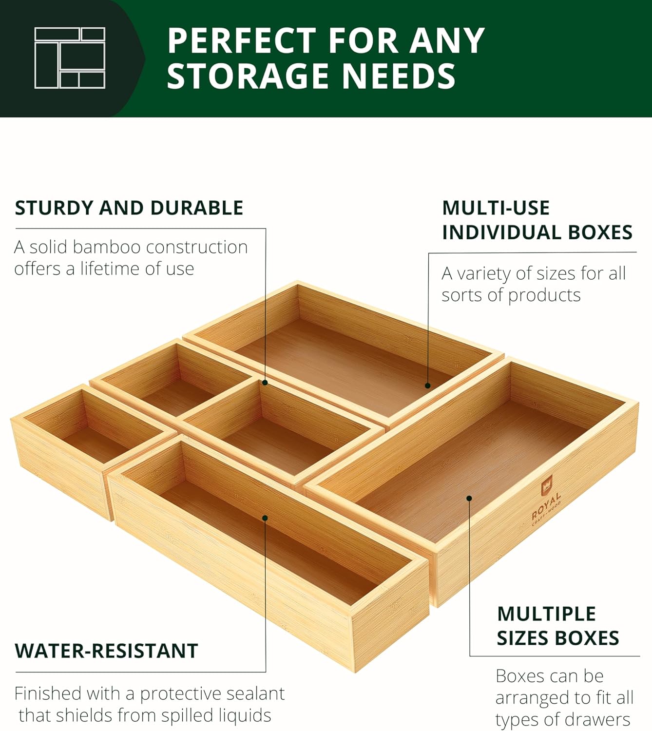 ROYAL CRAFT WOOD 5-Piece Bamboo Drawer Organizer Set – Multi-Use Storage Trays for Kitchen, Bathroom, Office, Makeup, Jewelry & More – Junk Drawer Tray, Utensil Holder, Storage Box & Bin Set (5 Boxes)