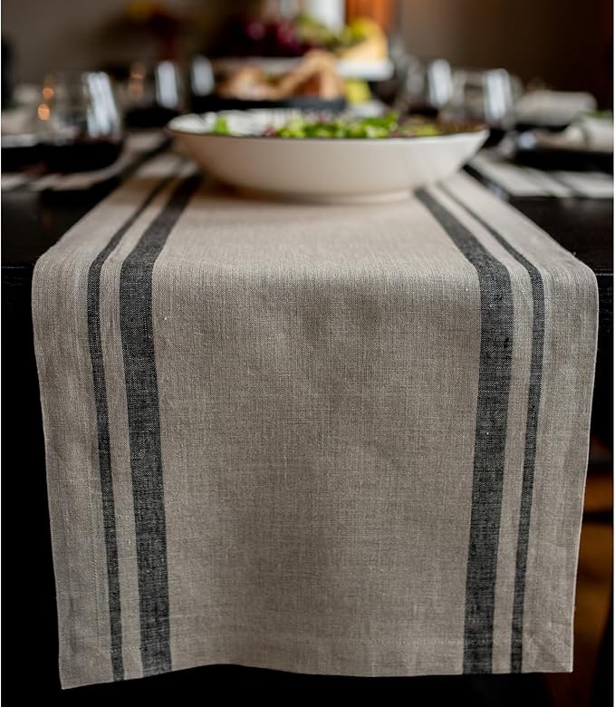 Solino Home Linen Table Runner 144 Inches Long - 100% Pure Linen Black and Natural French Stripe Table Runner 14 x 144 Inch for Dining