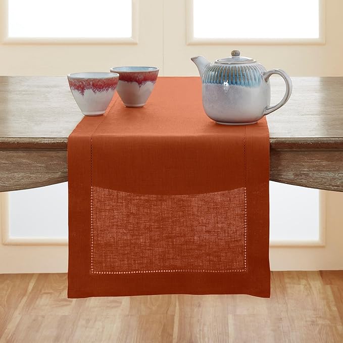 Solino Home Linen Cinnamon Hemstitch Table Runner 60 Inches - 100% Pure Linen Small Table Runner 14 x 60 Inch Ideal for Dresser and Coffee Tables - Classic Hemstitch