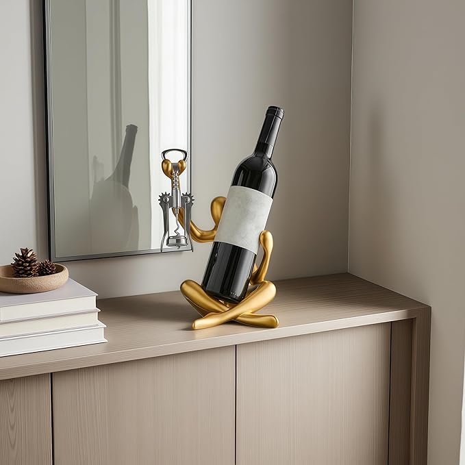 XINXUAN Abstract Wine Bottle Holder Home Decor, Resin Hollow-Out Design Decorative Wine Rack (Gold)