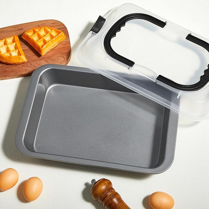 1 Pcs Cake Baking Pan with Lid and Handle, 9 x 13 Inch Non-stick Rectangle Sheet Cake Pan Carrier for Brownie Roasting Cooking Baking (Black Gray)