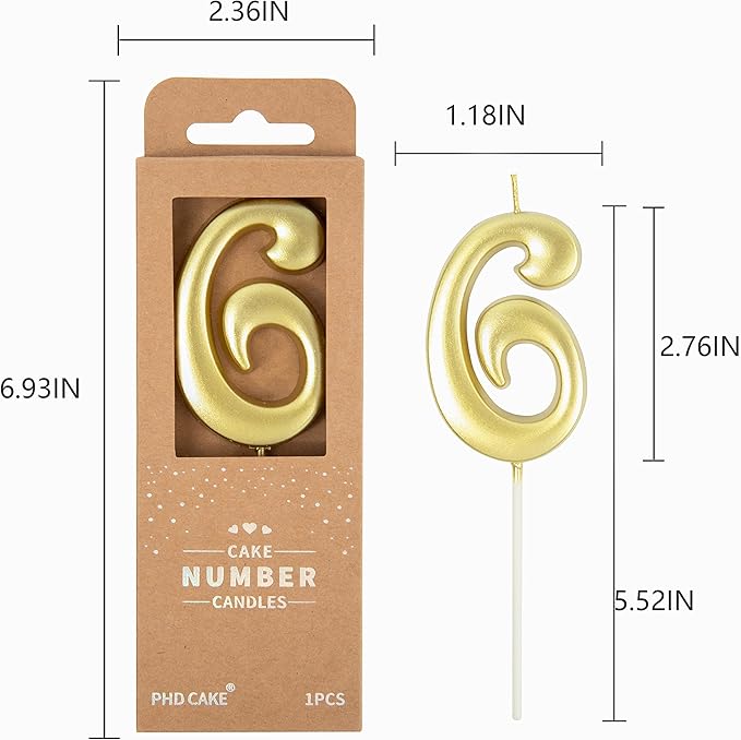 PHD CAKE 2.76 Inch Elegant Gold 6 Number Birthday Candles, Gold Number Candles, Cake Number Candles, Party Celebration