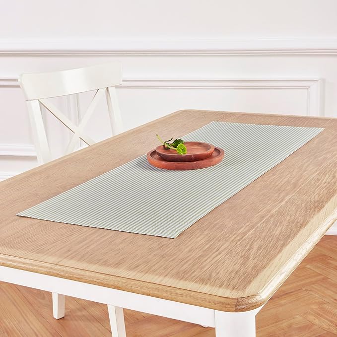 Solino Home Linen Table Runner 36 Inches - Narrow Stripe 100% Pure Linen Avocado and White Table Runner 14 x 36 Inch Ideal for Dresser and Coffee Tables - Winter, Christmas, New Year