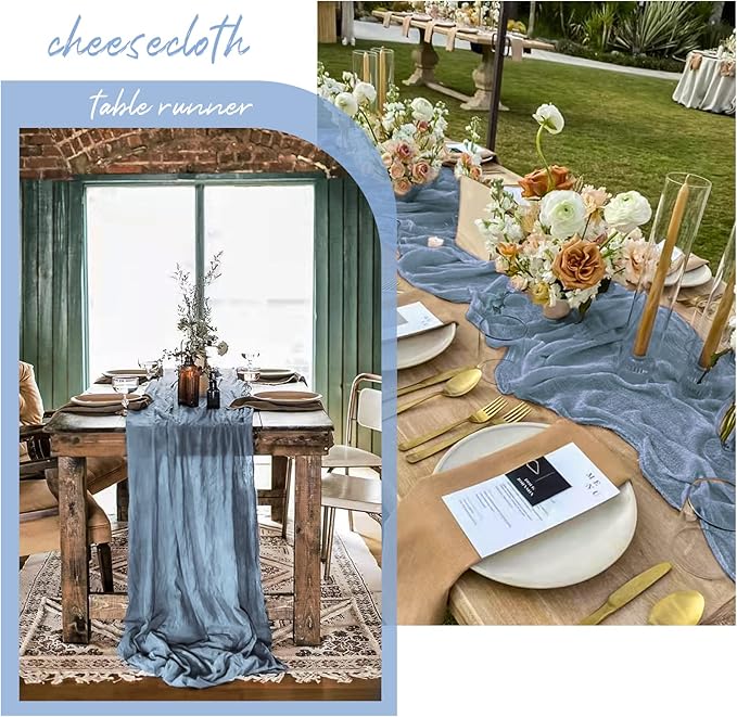 12 Pack 10Ft Dusty Blue Cheesecloth Table Runner 35 x 120 inch Boho Gauze Cheese Cloth Table Runner Vintage Rustic Sheer Runners for Wedding Bridal Shower Birthday Party Cake Table Decorations