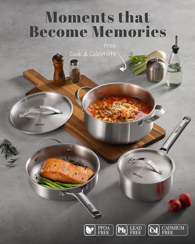 Stainless Steel Cookware Set, 8 Pcs Tir-Ply Pots and Pans Set, PFOA&PTFE Free, Dishwasher&Oven Safe, Kitchen Induction Compatible, ollas de acero inoxidable para cocinar