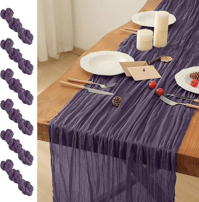 Leetaltree 6 Pack Purple Cheesecloth Table Runner, 35x120 Inch Boho Rustic Cheese Cloth Runner, Decorative Runner for Bridal Baby Shower or Wedding Table Decorations