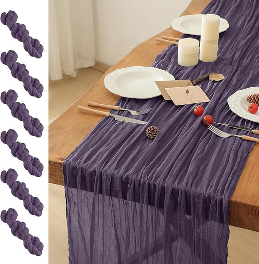 Leetaltree 6 Pack Purple Cheesecloth Table Runner, 35x120 Inch Boho Rustic Cheese Cloth Runner, Decorative Runner for Bridal Baby Shower or Wedding Table Decorations