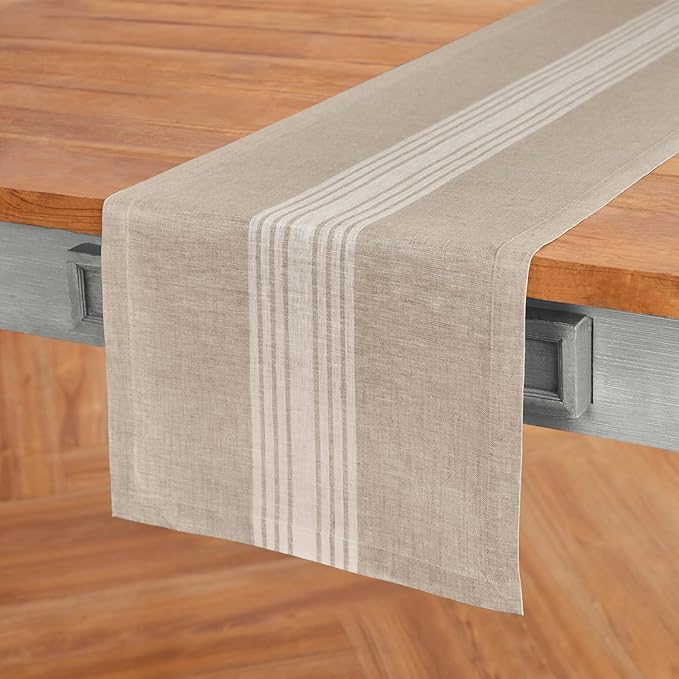 Solino Home Linen Table Runner 72 Inches Long - 100% Pure Linen White and Natural Farmhouse Table Runner 14 x 72 Inch for Dining, Dresser, Christmas, New Year