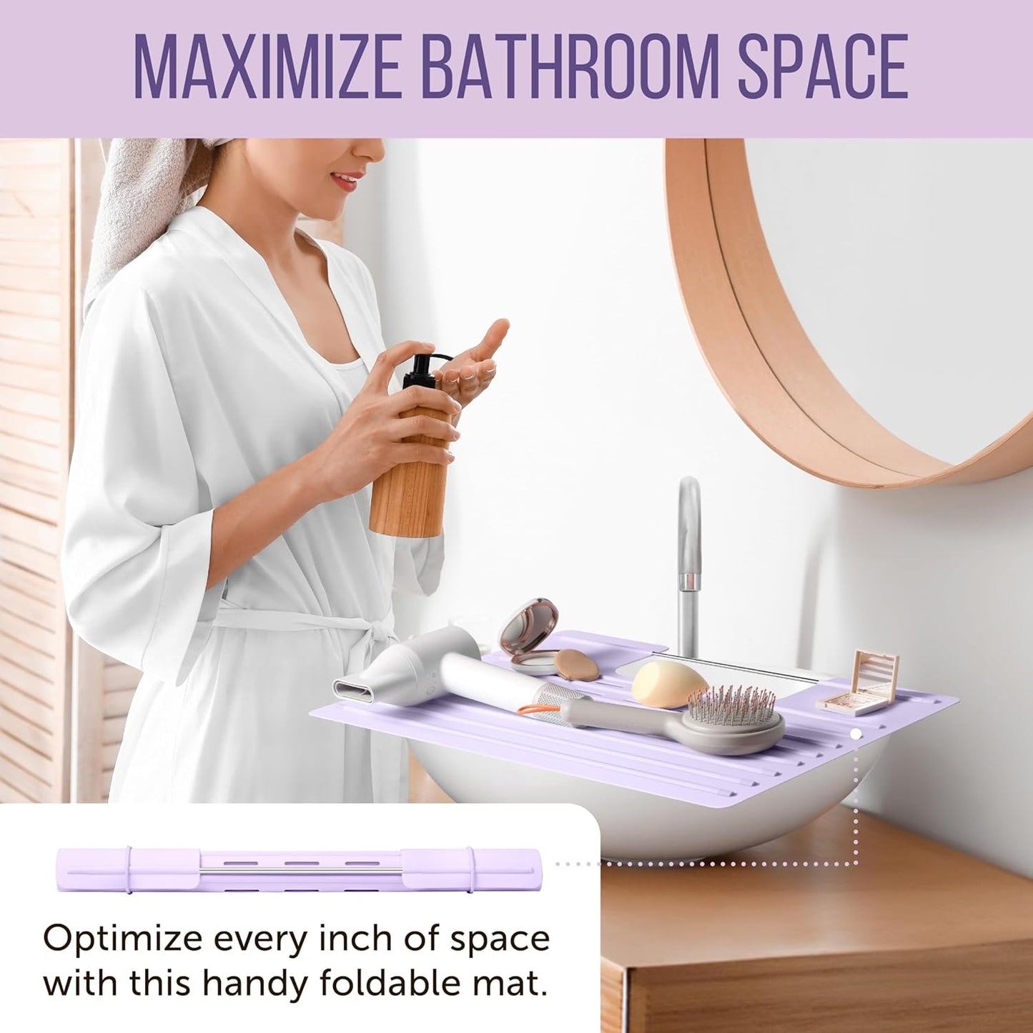 Maplefield Lavender Foldable Sink Cover - Small 22 x 2 x 2 In Lavender Silicone - Heat Resistant Makeup Mat & Sink Cover for Counter Space - Space Saving Rectangle Countertop Topper