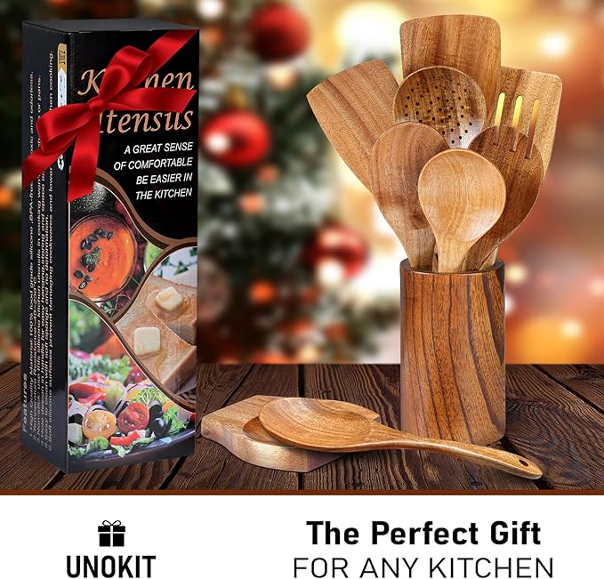 Unokit Cooking Utensils Set for Kitchen - 8 Piece Nonstick Natural Teak Wooden Spoons for Cooking, Comfort Grip Kitchen Utensils Set, Teak Wooden Utensil Set with Holder and Spoon Rest