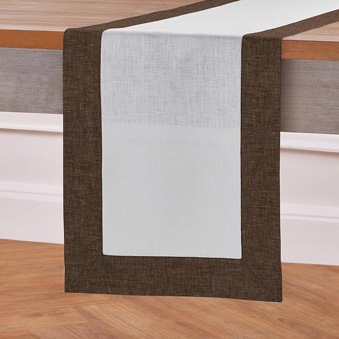 Solino Home Linen Table Runner 60 Inches - 100% Pure Linen Chambray Brown and White Table Runner 14 x 60 Inch Ideal for Dresser and Coffee Tables - Contempo
