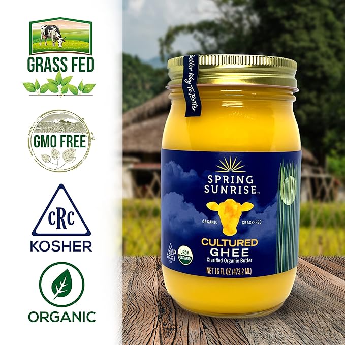 Spring Sunrise Grass Fed Organic Cultured Ghee - USDA Certified Clarified Butter - Keto & Paleo Friendly, Non-GMO, Gluten & Lactose Free Cooking Oil - Sustainably Sourced, 16 oz Jar