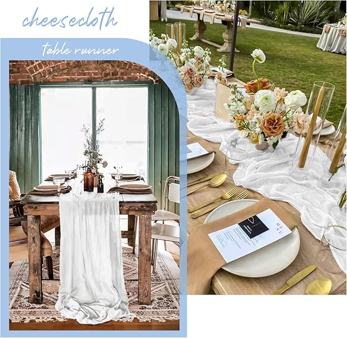 12 Pack 10Ft White Cheesecloth Table Runner 35 x 120 inch Boho Gauze Cheese Cloth Table Runner Vintage Rustic Sheer Runners for Wedding Bridal Shower Birthday Party Cake Table Decorations