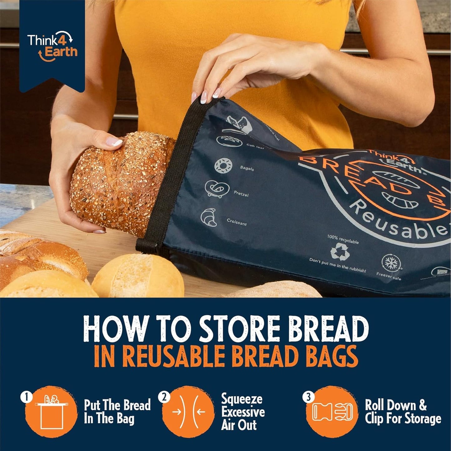 Think4Earth® – Bread Bag - Reusable Freezer Bag for Homemade Bread Maker Gift Giving - Container for Sourdough Loafs Storage, Large Bags with Double Lining