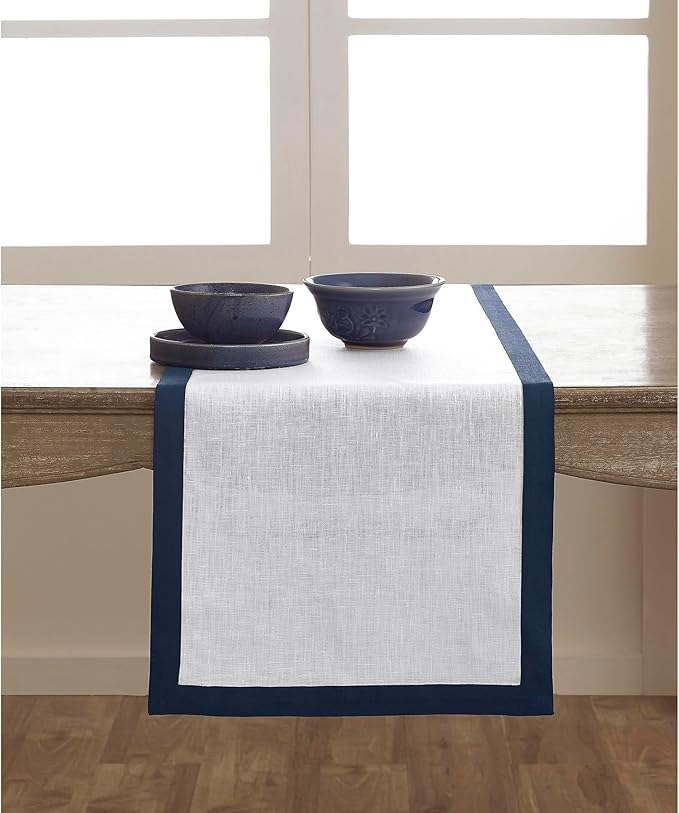 Solino Home Linen Table Runner 120 Inches Long - Navy and White 100% Pure Linen 14 x 120 Inch Table Runner for Dining, Christmas, Holiday, Winter, New Year - Classic