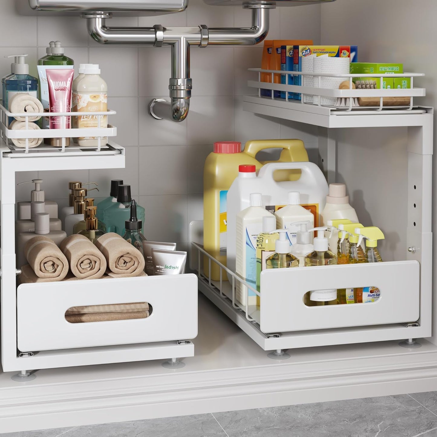 2 Pack Under Sink Organizer with Smooth Ball Bearing Slides, 2-Tier Pull Out Cabinet Storage, Slide Out Drawers for Bathroom and Kitchen, Under Sink Shelf, Rust-resistant Coating, Height Adjustable
