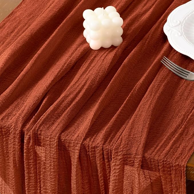 Socomi Terracotta Cheesecloth Table Runner Fall Thanksgiving Gauze 120 Inch Rustic Boho Cheese Cloth Runner for Wedding Party Baby Bridal Shower Centerpiece Decoration Holiday Home Decorations