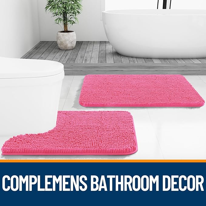 OLANLY Bathroom Rugs 40x32, Extra Soft Absorbent Chenille Bath Rugs, Rubber Backing Quick Dry, Machine Washable Bath Mats for Bathroom Floor, Tub and Shower, Home Decor Accessories, Hot Pink