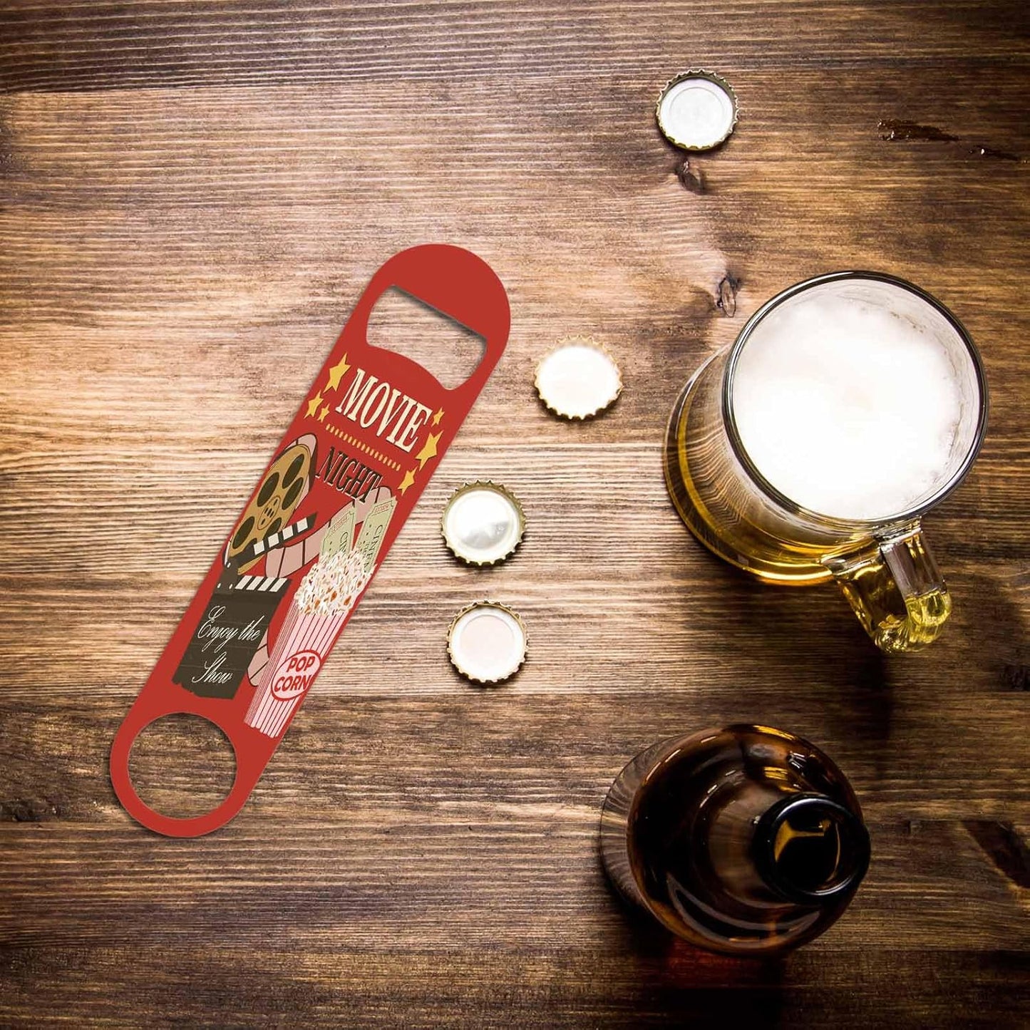 Vintage Cinema Stainless Steel Bottle Opener Movie Night Poster Enjoy The Show and Popcorn Nostalgia Flat Beer Bottle Opener Keychain for Home Kitchen Bar Restaurant Party Birthday Gift