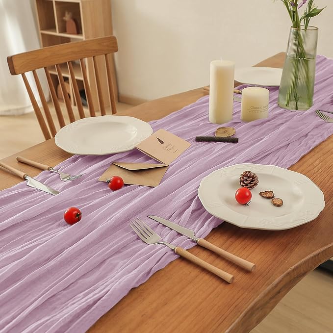 Leetaltree 10 Pack Lilac Cheesecloth Table Runner, 35x120 Inch Boho Rustic Cheese Cloth Table Runner, Decorative Table Runners for Bridal Baby Shower Decorations or Wedding Table Decorations