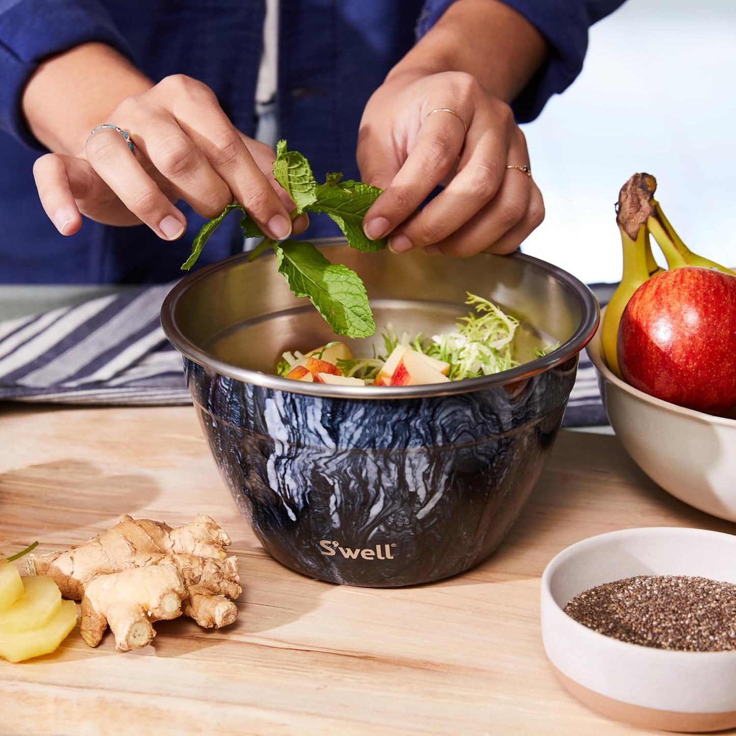 S’well Stainless Steel 64oz Salad Bowl Kit, Azurite Color, Includes 2oz Condiment Container and Removable Tray, Leak-Proof, Easy to Clean, Dishwasher Safe