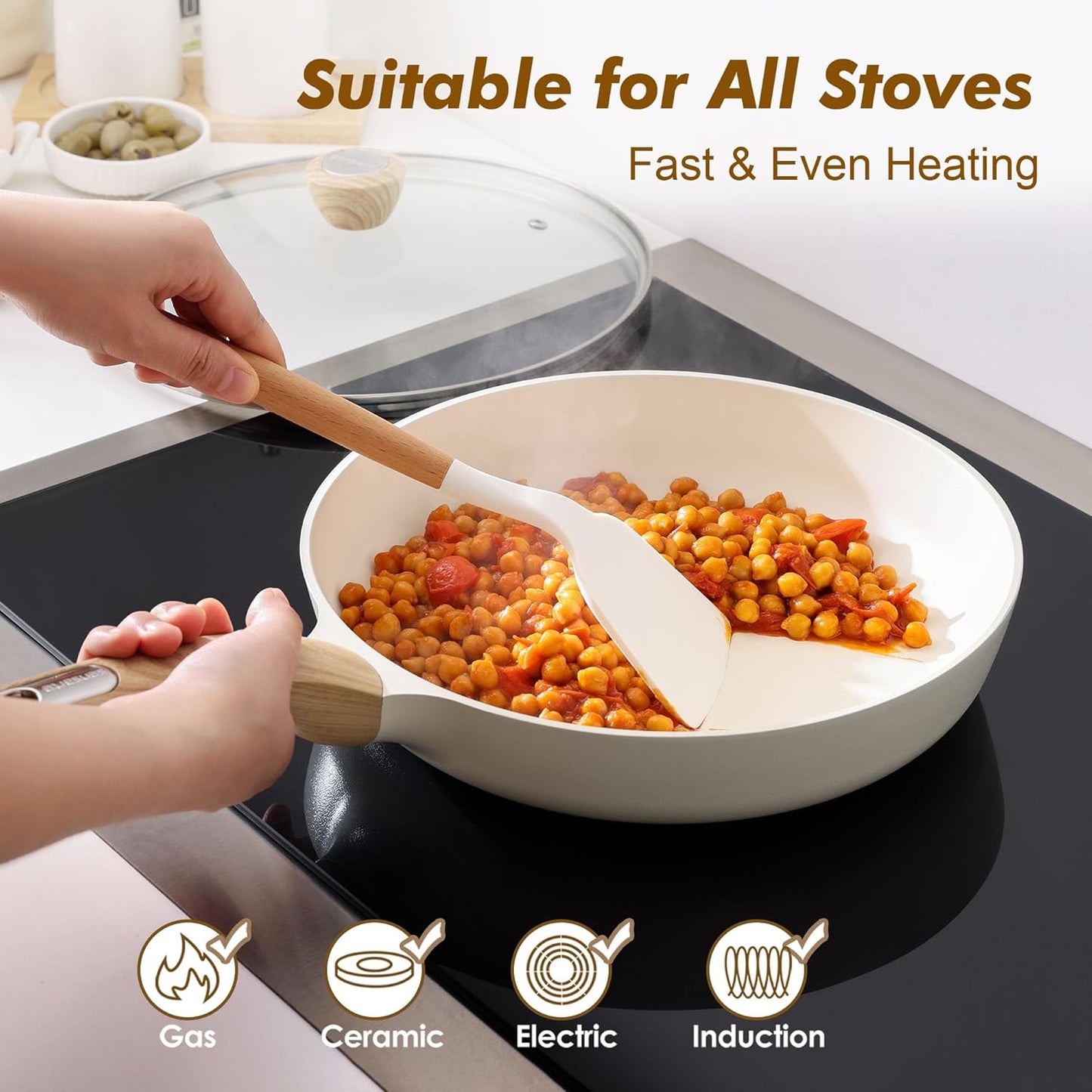 SENSARTE Ceramic Nonstick Frying Pan Skillet with Lid, 9.5inch Non Stick Pan Omelet Pans, Non-toxic Kitchen Cooking Chef's Pan, Free of Intentionally Added PFAS/PTFE/PFOA, Induction Compatible, White