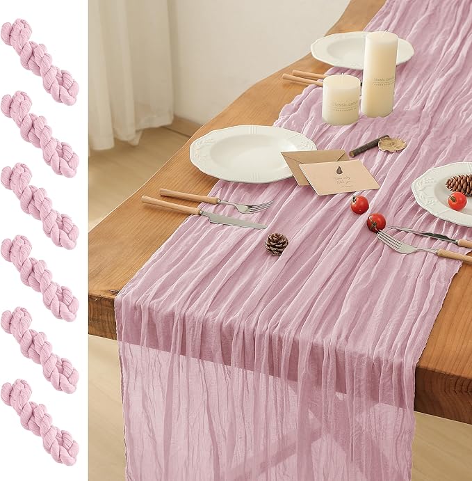 Leetaltree 6 Pack Pink Cheesecloth Table Runner, 35x120 Inch Boho Rustic Cheese Cloth Table Runner, Decorative Table Runners for Bridal Baby Shower Decorations or Wedding Table Decorations