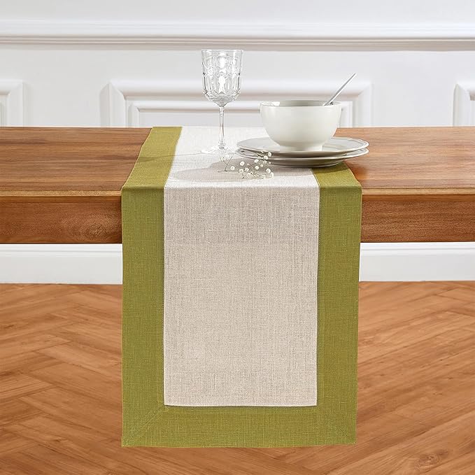 Solino Home Linen Table Runner 60 Inches - 100% Pure Linen Avocado and Natural Short Table Runner 14 x 60 Inch Ideal for Dresser and Coffee Tables - Contempo - Winter