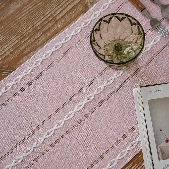 Niviy Table Runners 90 Inches Long with Tassels - Gifts for Her, Pink Boho Embroidered Table Runner Farmhouse Rustic Linen Runners for Wedding Party Baby Shower Home Decor (Pink, 12"×90")