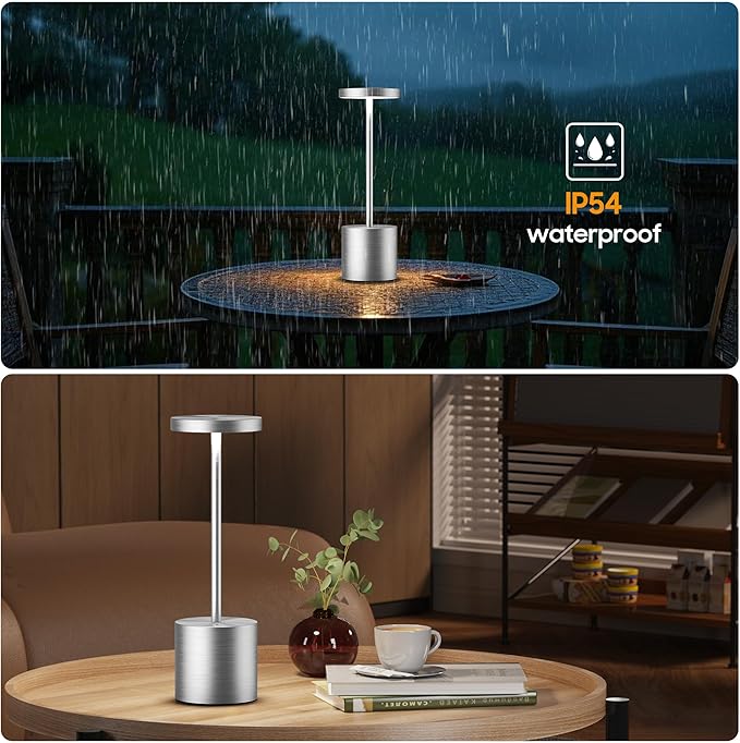 Cordless Table Lamps Rechargeable - Outdoor Portable LED Table Light 5000mAh Battery Operated Lamp 3 Color Stepless Dimming with Memory Function for Restaurant Dining Patio 2Pack Silver