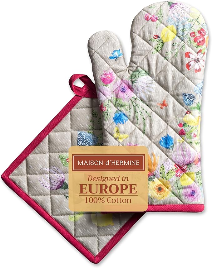 Maison d' Hermine 100% Cotton Oven Mitt & Pot Holder Set (7.5"x13" & 8"x8") Heat Resistant BBQ Cooking Gloves with Loop, Baking, Grilling, Kitchen, Handling Hot Pans Spring/Summer (Jardin D'Ete - Fog)