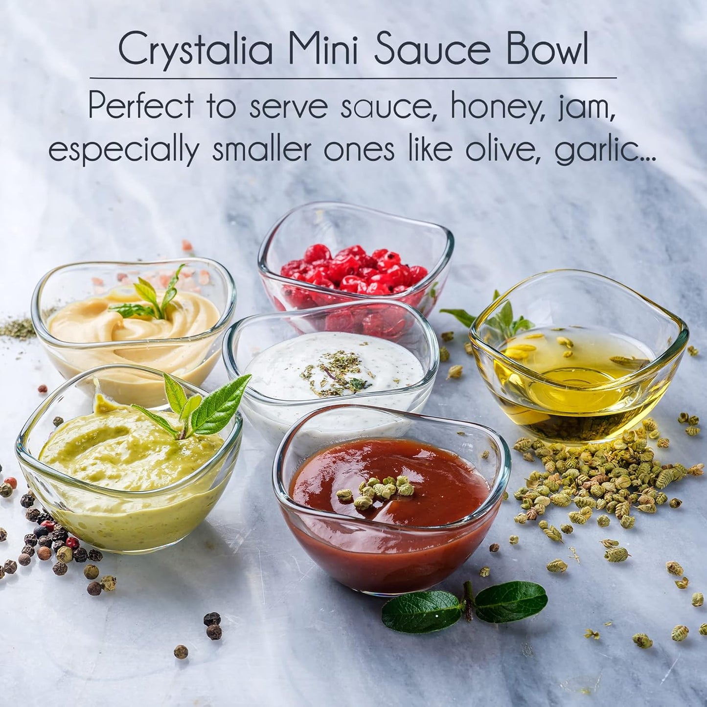 Volarium Mini Glass Prep Bowls Set of 6, 2 1/4 oz Capacity, Modern Style, Round Glass Bowl Set, Condiment & Spice Bowls, Transparent, Dishwasher & Microwave Safe
