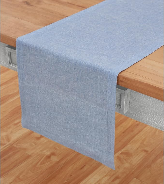 Solino Home Linen Table Runner 48 Inches - 100% Pure Linen Chambray Blue Table Runner 14 x 48 Inch Ideal for Dresser and Coffee Tables - Athena - Christmas, Winter, New Year