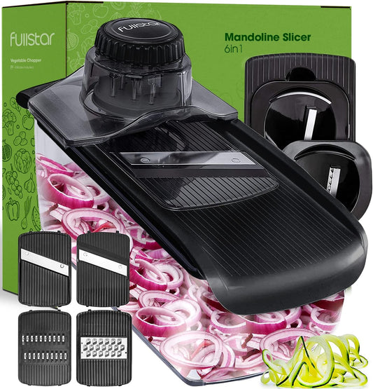 Fullstar Mandoline Slicer for Kitchen, Fruit Cutter, Cheese Grater, Cucumber Slicer, Veggie Spiralizer, Food Cutter & Kitchen Gadgets with Safety Glove (6 in 1, Black)